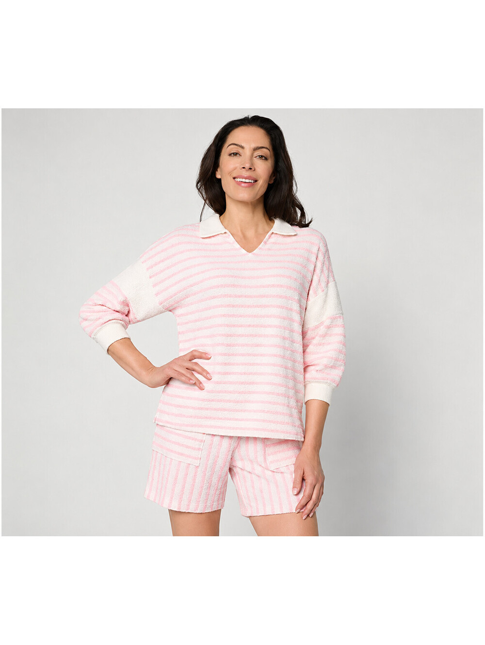 AnyBody Textured Stripe Knit 3/4 Sleeve Collared Top Candy Pink, Size Medium